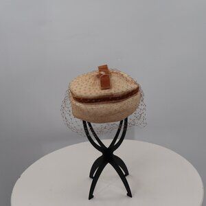 Vintage Beige Woven PIllbox hat with Netting